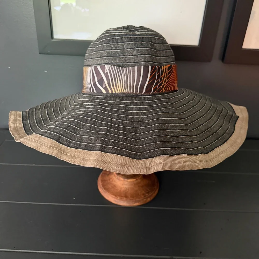 Kallina Wide Brim Sun Hat Grey Tan Scarf Tie Packable Crushable Beachwear Resort